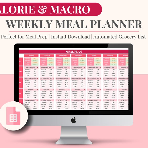 Planificateur de repas Calorie & Macro Tracker avec liste d'épicerie | Calculateur de calories | Modèle de préparation de repas hebdomadaire Google Sheets | Régime alimentaire | Rose