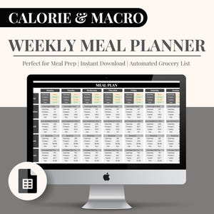 Calorie & Macro Tracker Meal Planner with Grocery List | Calorie Calculator | Weekly Meal Prep Template Google Sheets | Diet Plan | Black