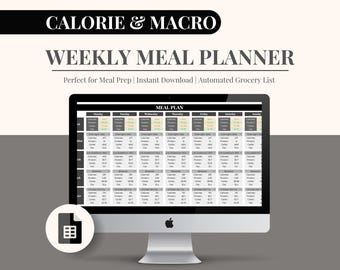 Calorie & Macro Tracker Meal Planner with Grocery List | Calorie Calculator | Weekly Meal Prep Template Google Sheets | Diet Plan | Black