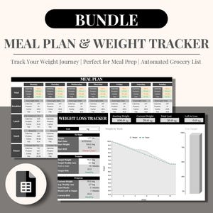 デジタル食事プランナーと減量トラッカーバンドル ブラック | カロリーとマクロトラッカー | Google スプレッドシートテンプレート | 自動食料品リスト