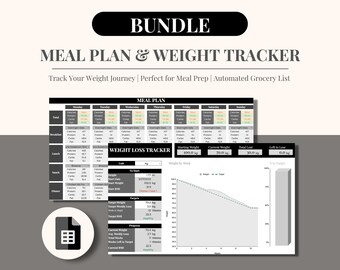 May include: A digital bundle with a meal plan and weight tracker. The title "BUNDLE" is in a black oval. The meal plan includes a weekly layout with columns for each day. The weight tracker shows weight loss progress. The text "Track Your Weight Journey" is also visible.