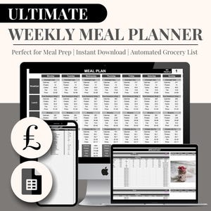 Könnte beinhalten: Ein digitaler Wochenplaner für Mahlzeiten in Schwarzweiß mit dem Text "ULTIMATE WEEKLY MEAL PLANNER" und "Perfect for Meal Prep | Instant Download | Automated Grocery List". Der Planer enthält einen Speiseplan, eine Einkaufsliste und einen Bereich zur Verfolgung von Kalorien, Protein, Fett und Kohlenhydraten.