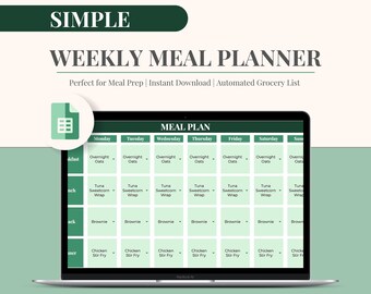 Weekly Meal Planner with Grocery List | Digital Meal Plan Template Google Sheets | Food Prep Planner Spreadsheet | Automated | Green