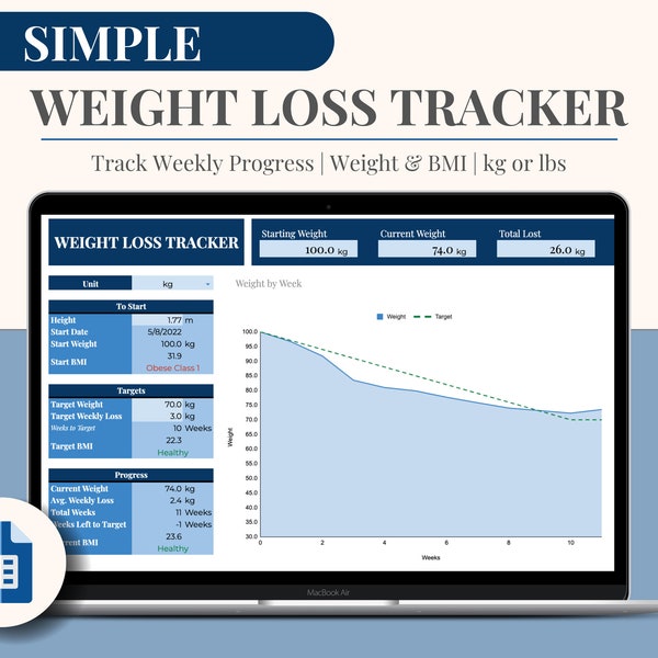 Simple Weight Loss Tracker Blue | Google Sheets Template | Weight Loss Dashboard | Weekly BMI & Weight Tracker