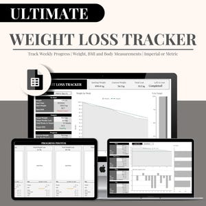 May include: A black and white digital weight loss tracker with a progress chart, a progress photo section, and the text "ULTIMATE WEIGHT LOSS TRACKER" at the top. The tracker includes sections for starting weight, current weight, total lost, and left to lose.