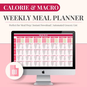 Calorie & Macro Tracker Meal Planner with Grocery List | Calorie Calculator | Weekly Meal Prep Template Google Sheets | Diet Plan | Pink