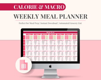 Calorie & Macro Tracker Meal Planner with Grocery List | Calorie Calculator | Weekly Meal Prep Template Google Sheets | Diet Plan | Pink