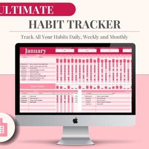 Digital Habit Tracker Spreadsheet Pink | Google Sheet Template 2022 | Daily, Weekly and Monthly Goal Planner & Tracker with Charts Online