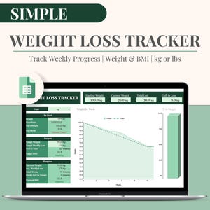 May include: A laptop screen displaying a weight loss tracker spreadsheet with a green and white colour scheme. The spreadsheet includes a graph showing weight loss progress over time, along with data on starting weight, current weight, total weight lost, and weight left to lose. The spreadsheet also includes a section for targets and progress.