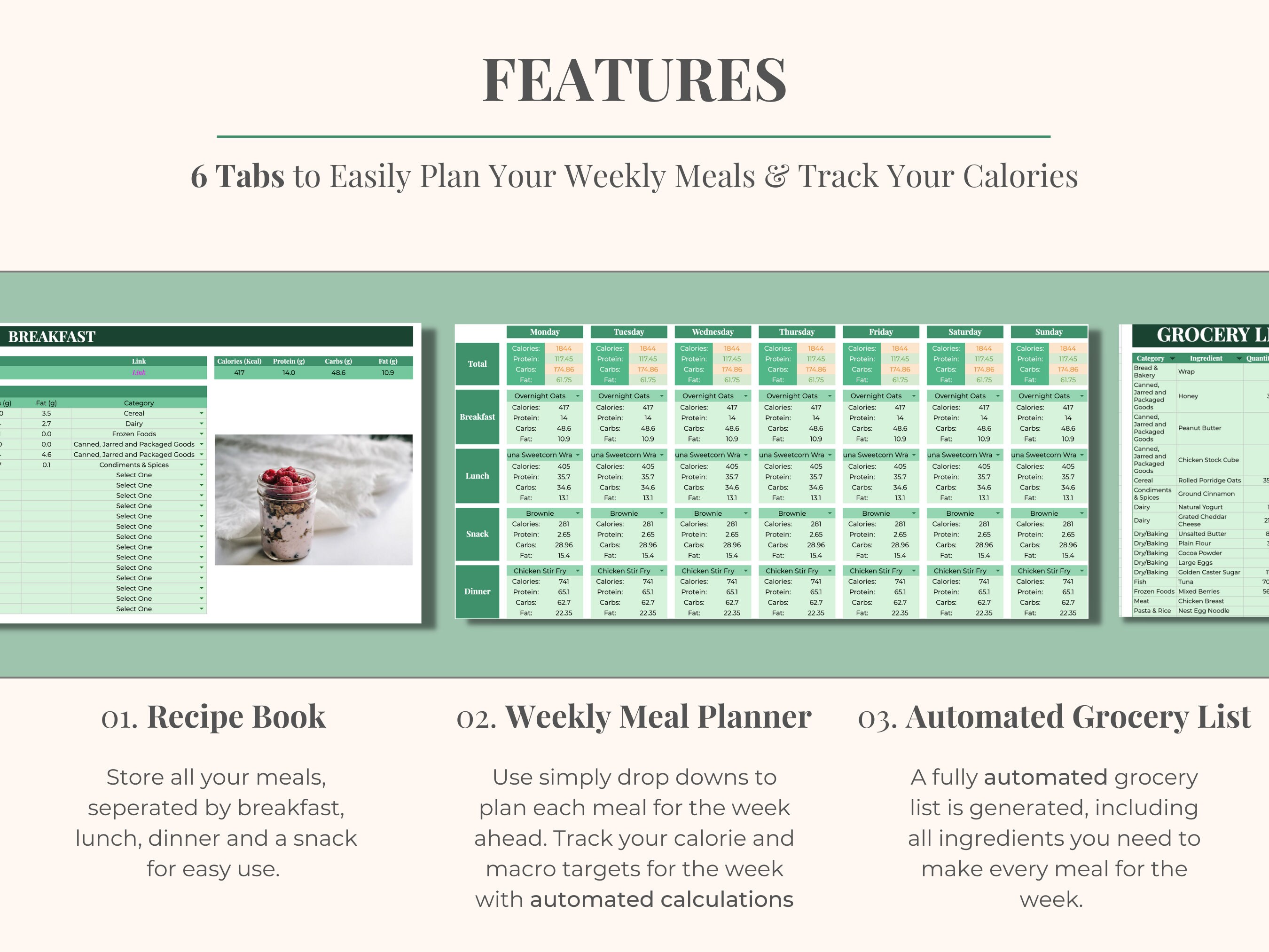 Calorie & Macro Tracker Meal Planner With Grocery List | Calorie ...