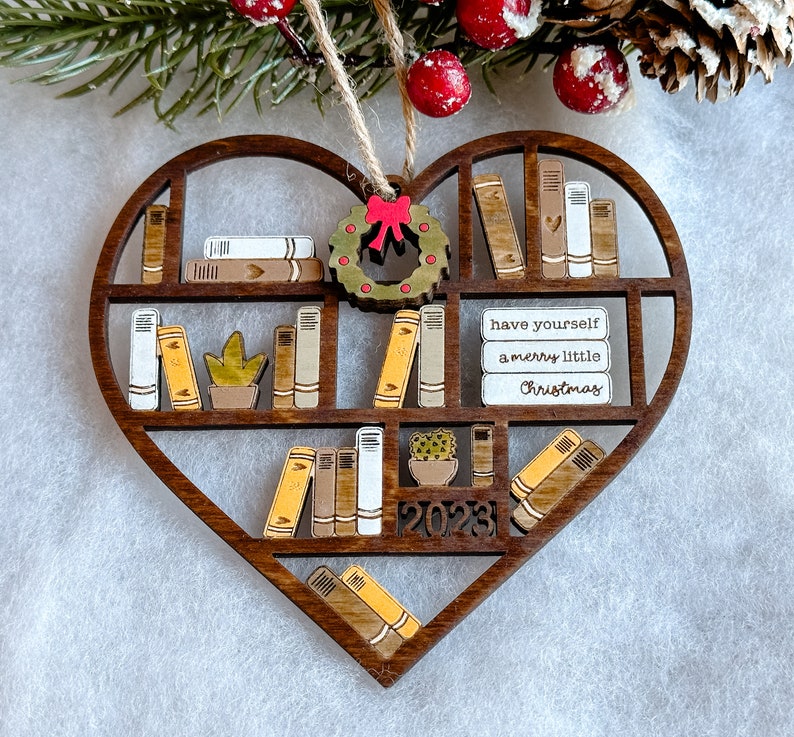 Book Christmas Ornament, Heart Bookcase Ornament, Book Lovers Ornament, Book Ornament, Book Related, Book Lover Ornament, Hand Painted Gift image 3