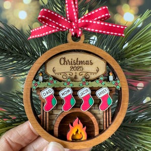 Family Christmas Fireplace Ornament, Christmas Ornament, Mantel Wood Ornament, Family Ornament, Stockings hung, 2025 Christmas Ornament