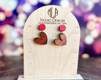 Heart Valentine, Stud Heart Earrings, Valentine Earrings, Wood Earrings, V Day Earrings, Heart Stripe Earrings, Heart Dangle Earrings, Love