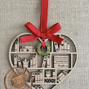Heart Bookcase Christmas Ornament: Red Oak Book Lover Gift