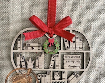 Heart Bookcase Christmas Ornament: Red Oak Book Lover Gift