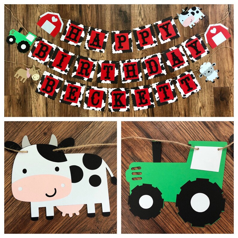 Tractor Barnyard Name banner Farm Birthday Banner Cow Print Banner Farm Theme Happy Birthday Banner Farm Theme Barnyard Birthday
