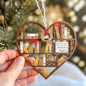 Book Christmas Ornament, Heart Bookcase Ornament, Book Lovers Ornament, Book Ornament, Book Related, Book Lover Ornament, Hand Painted Gift image 1