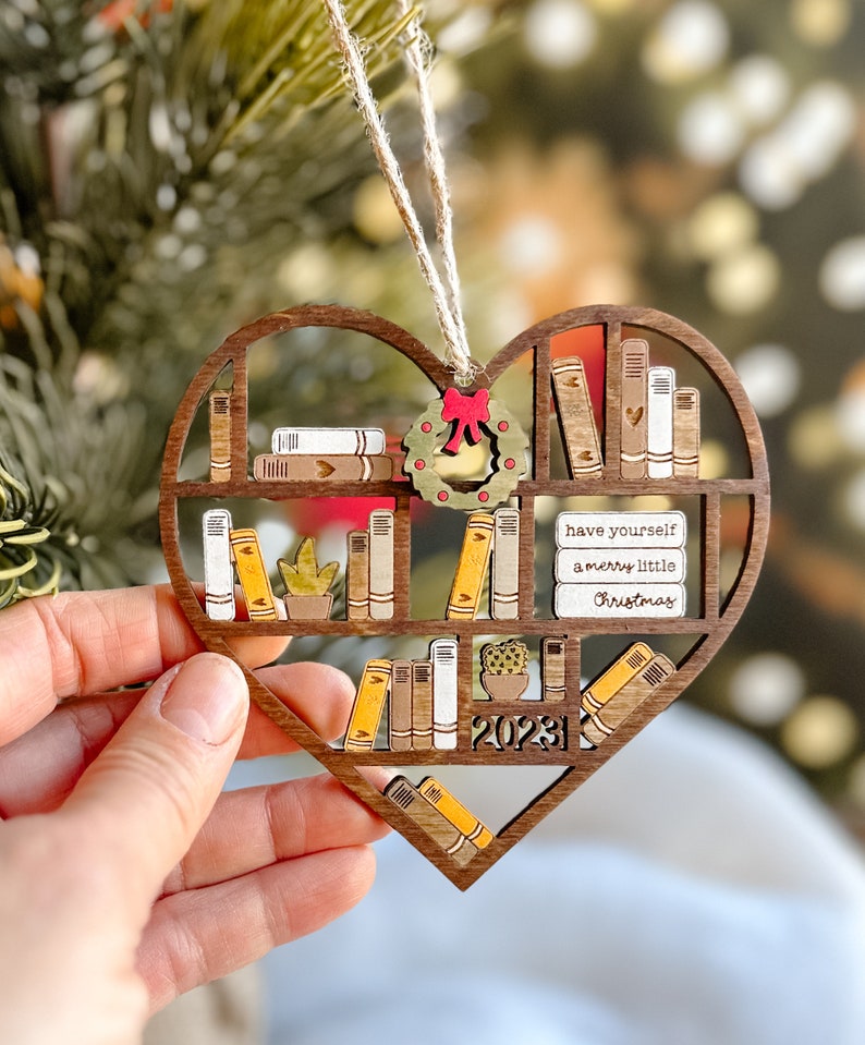 Book Christmas Ornament, Heart Bookcase Ornament, Book Lovers Ornament, Book Ornament, Book Related, Book Lover Ornament, Hand Painted Gift image 1