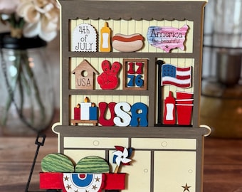 Freedom Summer Decor, DIY Patriotic Hutch, 4th of July Paint Party DIY Blanks Kit, All American, Celebrate USA 1776, Hot Dogs, Shelf Sitter