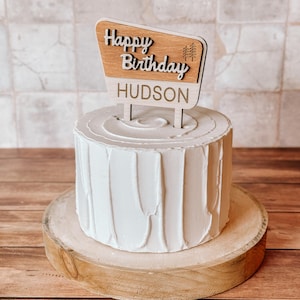 Happy Camper Birthday Cake Topper, Forest and National Parks Theme, Mountain Pine Trees, Outdoors, Nature Lover Adventures, one happy camper