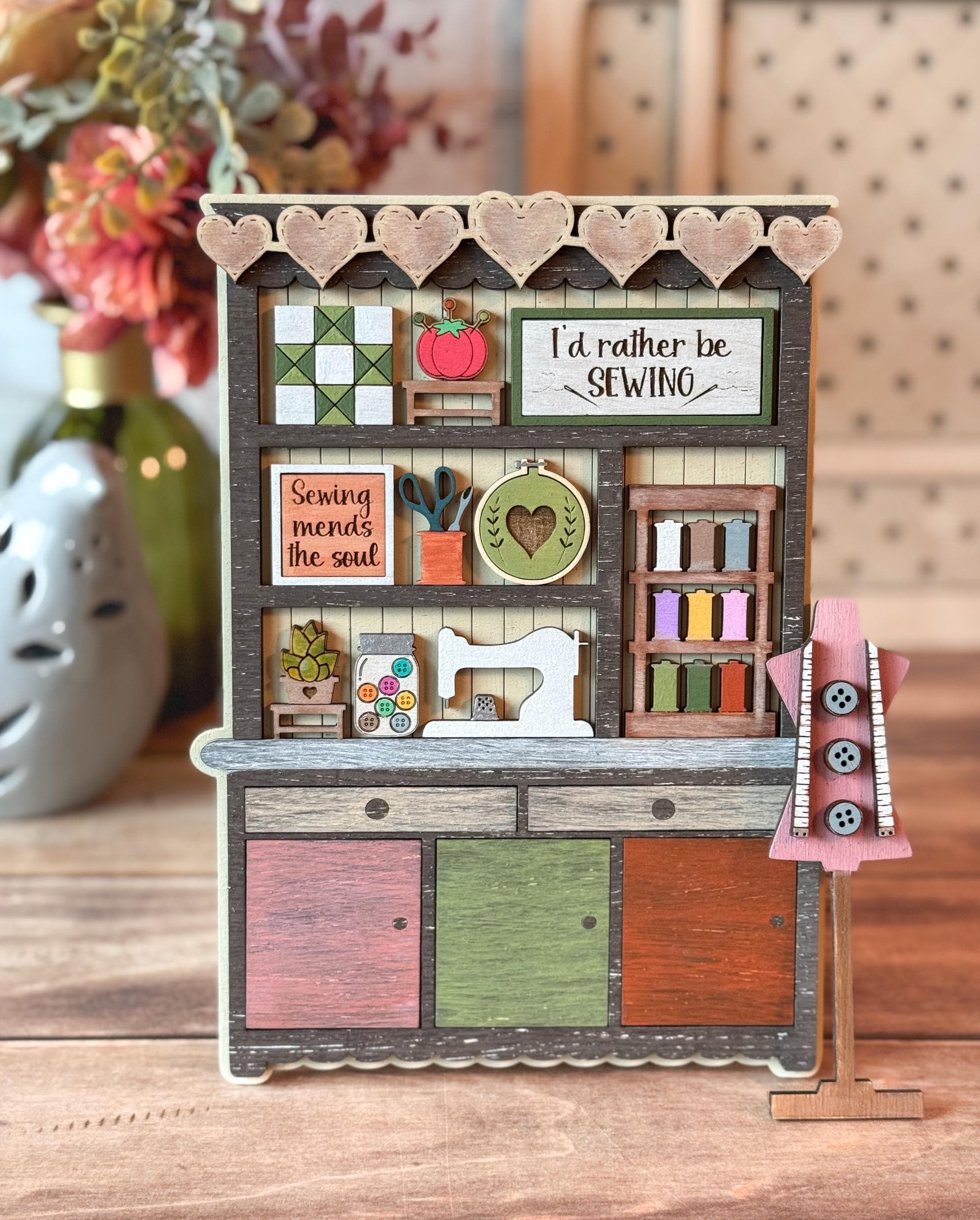 Sewing Mini Hutch DIY Kit, Sewing Lovers Hutch Kit, Decorative Cabinet Shelf Sitter, Mini Hutch Kit,  Tier Tray Quilting, Paint Party Blanks
