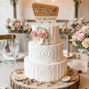 Personalized Adventure Wedding Cake Topper: Engraved Pine Tree Decor