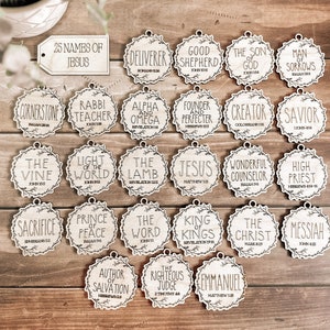 25 Names of Jesus Advent Set, Scripture Ornaments, King of Kings, Christmas Ornament Set, Christ Name Ornaments, Laser Scored Wood, Christ