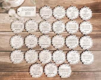 25 Names of Jesus Advent Ornaments: Laser Scored Wood, Scripture Set