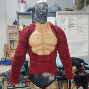 May include: A costume torso with a muscular chest and red fur-like material. The chest is tan with defined muscle details. The costume is on a mannequin with a black face and a dark blue and black bottom.