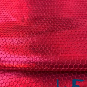 Op de afbeelding: Close-up van een felrode stof met een honingraatpatroon. Het materiaal heeft een glanzend, getextureerd oppervlak, waarbij het licht weerkaatst op de zeshoekige vormen. De stof wordt waarschijnlijk gebruikt voor kostuums of kleding.
