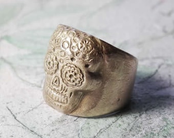 Gothic  unisex goldbronze  ring  :  mexican  skull  made to order in your size    You can get it in copper