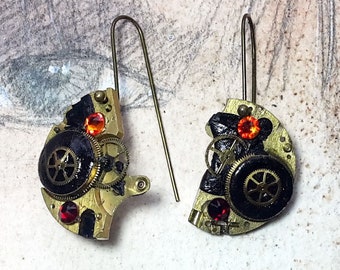 Steampunk earrings, art-deco, gustav Klimt style, made of  gears, black resin & red  swarovski crystal cabs. for pierced ears or not