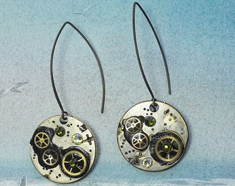 Steampunk earrings, art-deco, gustav Klimt style, made of  cogs/gears, black resin & green  swarovski crystal cabs. for pierced ears or not