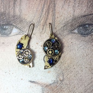 Steampunk earrings, art-deco, gustav Klimt style ,gears, resin & blue swarovski strass crystal cabs for pierced ears or not pierced image 3