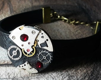 Steampunk/Art-deco, Gustav Klimt Style  bracelet, black strap,  watch part & cogs  black, resin, red Swarovski crystals