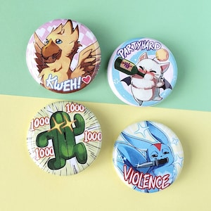 May include: Four round buttons with cartoon illustrations. One features a yellow bird with the text "Kweh!". Another shows a white cat with a bottle and the words "PARTYHARD". A green cactus with "1000" is on a third button. The last button has a blue rabbit with the word "VIOLENCE".