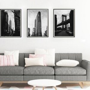 New York City BW Prints, Set of 3 Prints, Fine Art Photography, Gallery Wall Art, Empire State Building, Flat Iron Building, Dumbo Brooklyn
