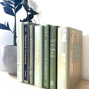 Green and beige books, green books, beige books, neutral home, book stacks, books for decor, home decor, decorative books, prop staging,