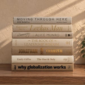 May include: A stack of seven hardcover books with neutral-toned spines. The titles include Moving Through Here, Levkas Man, Runaway, The Book of Leadership Wisdom, Purity by Jonathan Franzen, The One & Only, and Why Globalization Works, all arranged vertically.