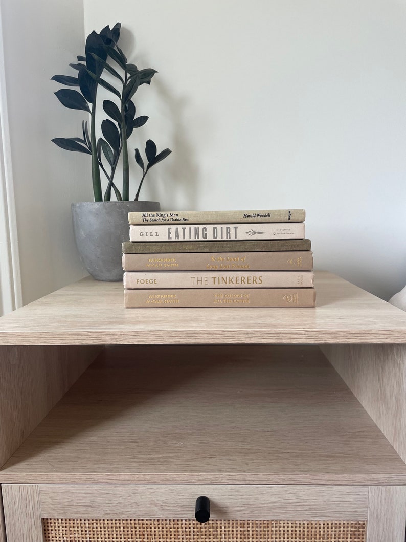 May include: A collection of books, including "Eating Dirt" and "The Tinkerers", are stacked on a light wood bedside table. A potted plant with dark green leaves is to the left. The nightstand has a lower shelf and a woven rattan door.
