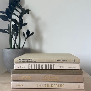 May include: A collection of six hardback books in beige and brown tones. Titles visible include "All the King's Men," "Eating Dirt," and "The Tinkerers." A potted plant with dark green leaves is positioned to the left of the books.