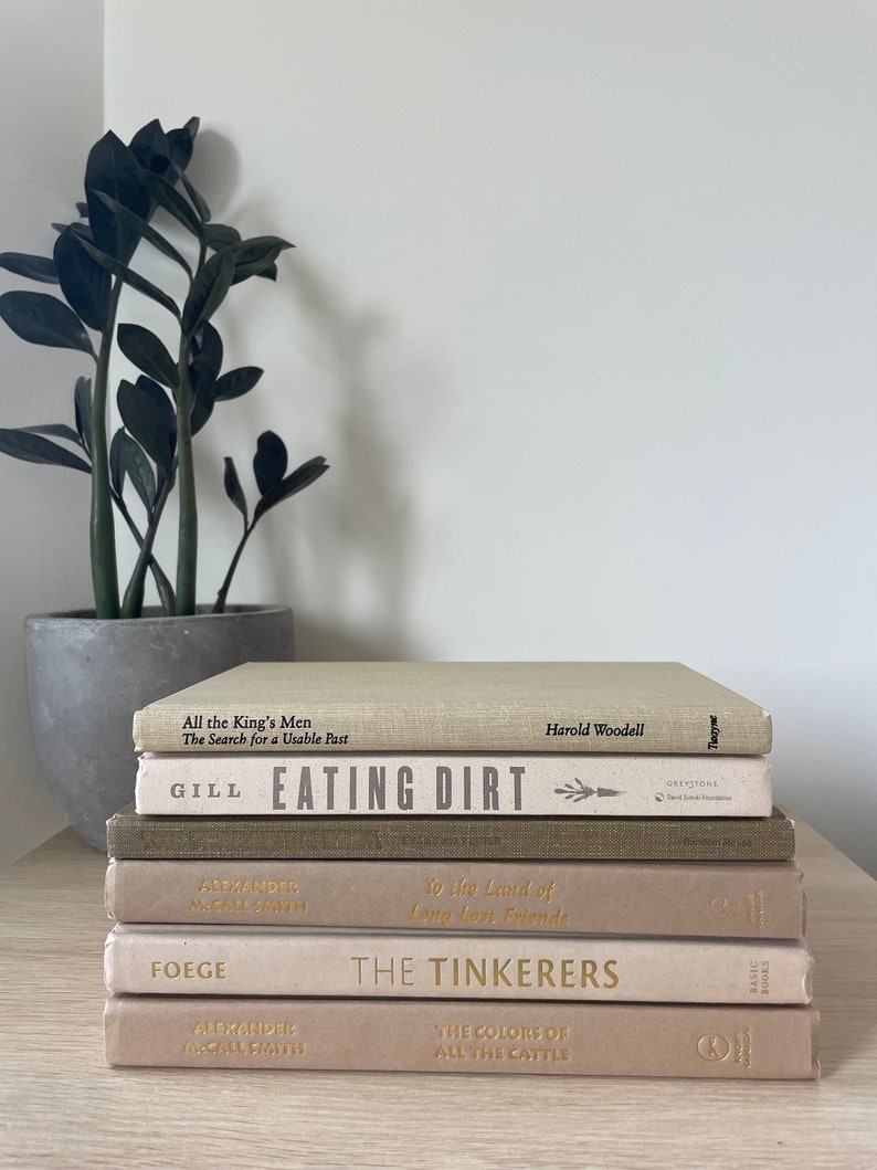 May include: A collection of six hardback books in beige and brown tones. Titles visible include "All the King's Men," "Eating Dirt," and "The Tinkerers." A potted plant with dark green leaves is positioned to the left of the books.
