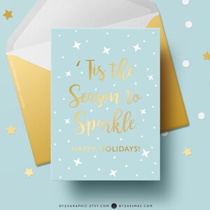 DO DRUKU Karta okolicznościowa Tis the Season to Sparkle, Karta świąteczna, Złota karta, Niebieska karta, Karta świąteczna, Karta choinkowa 5 na 7 cali