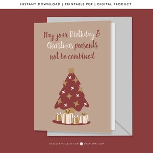 AFDRUKBARE december verjaardag kerstwenskaart met freebie, woordspelingen, kerstkaart, kerstboomkaart, 5 bij 7 kaart
