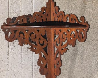 1890s Victorian Fretwork Shelf Gothic Antique Oak Corner Bookshelf Black Forest