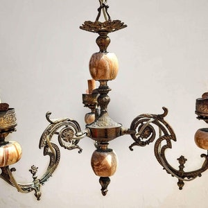 Antique Gilt Brass & Stone Chandelier - Gothic 3-Arm Hanging Ceiling Light