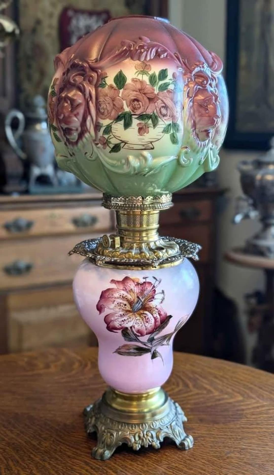 1880s GWTW Banquet Lamp - Pink and Green Fostoria Glass With Lions