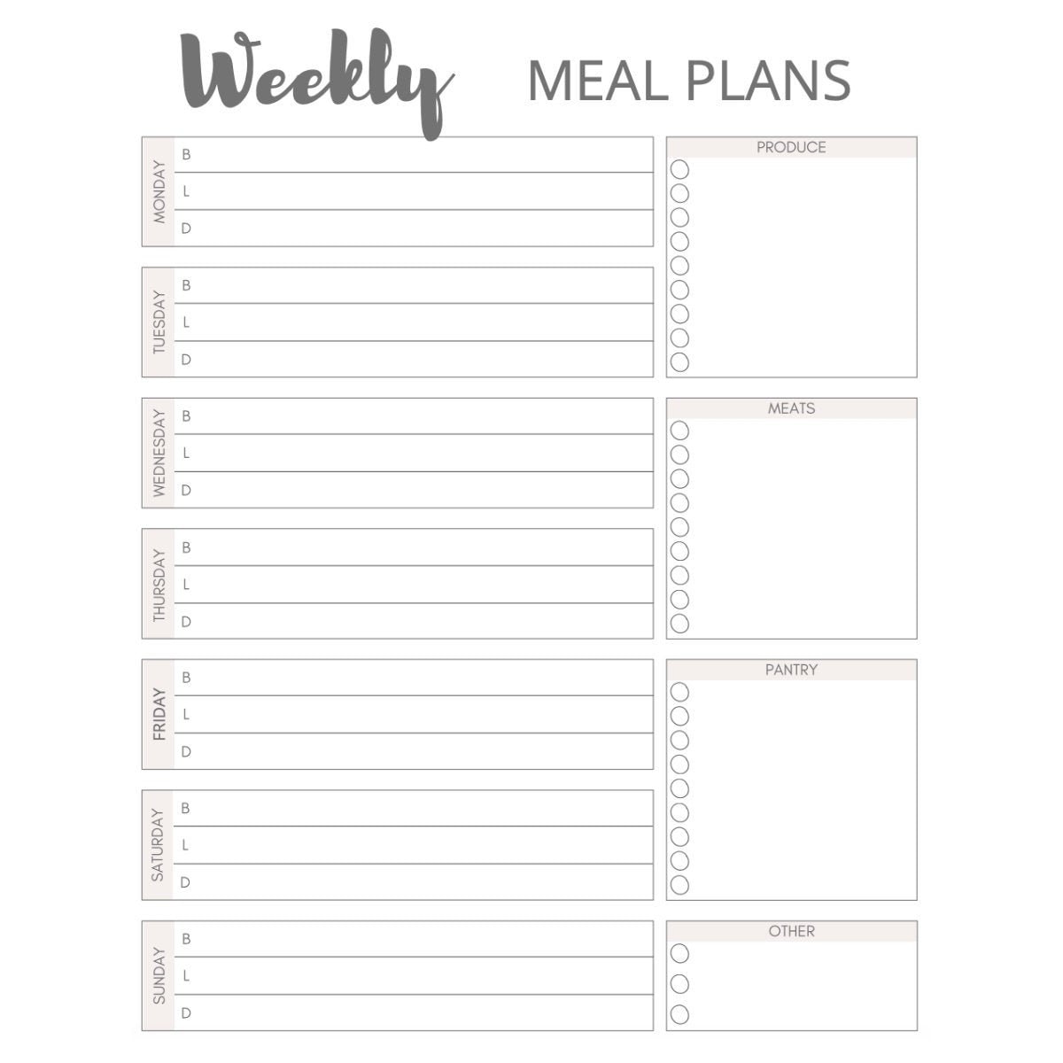 Weekly Meal Planner black & White | Etsy