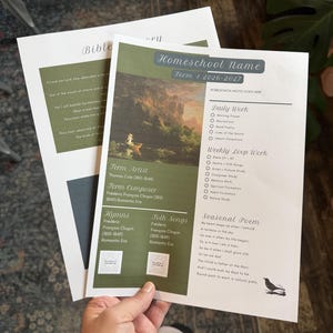 May include: A white paper homeschool curriculum planner sheet featuring a green rectangular block with a landscape painting, text fields for Homeschool Name, Term 1 2026-2027, Daily Work, Weekly Loop Work, Hymns, Folk Songs, and a Seasonal Poem by Wordsworth.