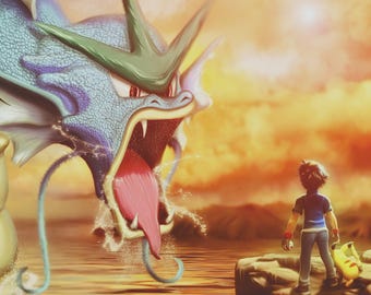 Ash vs Gyarados on A3 (297x420mm) 350 gsm silk paper.